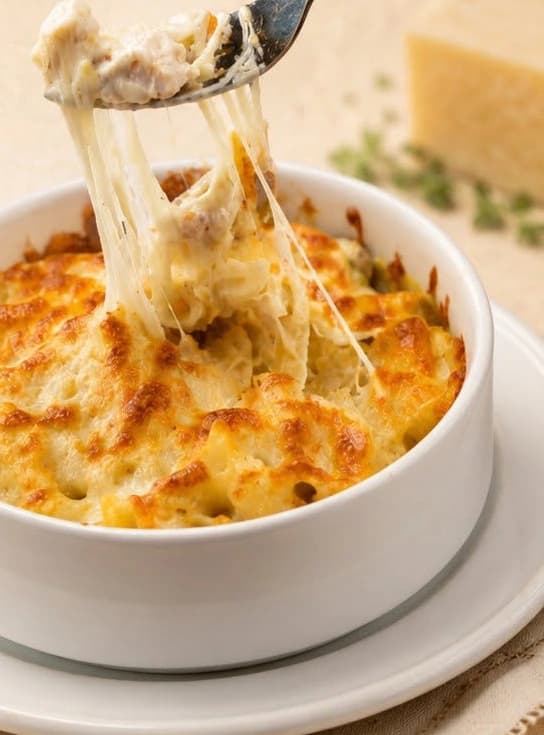 Baked Alfredo pasta with melted cheese, lifted on a fork