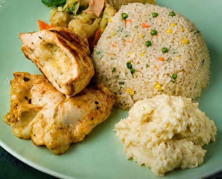 Grilled Cheesy Buffalo Chicken with fried rice, mashed potato and vegetables