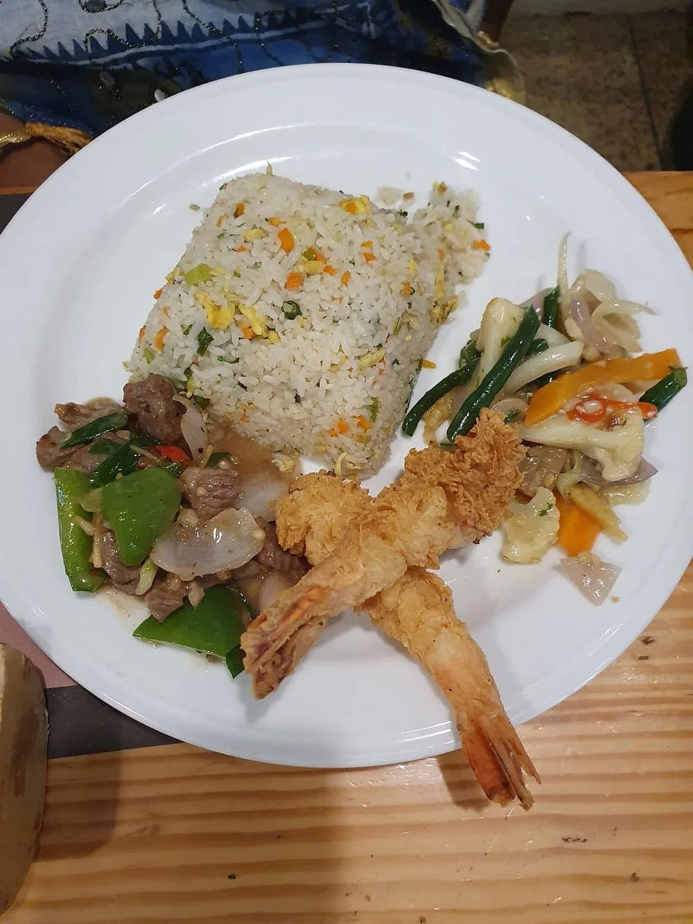 Pine 2: fried rice, beef chilli, Thai vegetables and prawn tempura