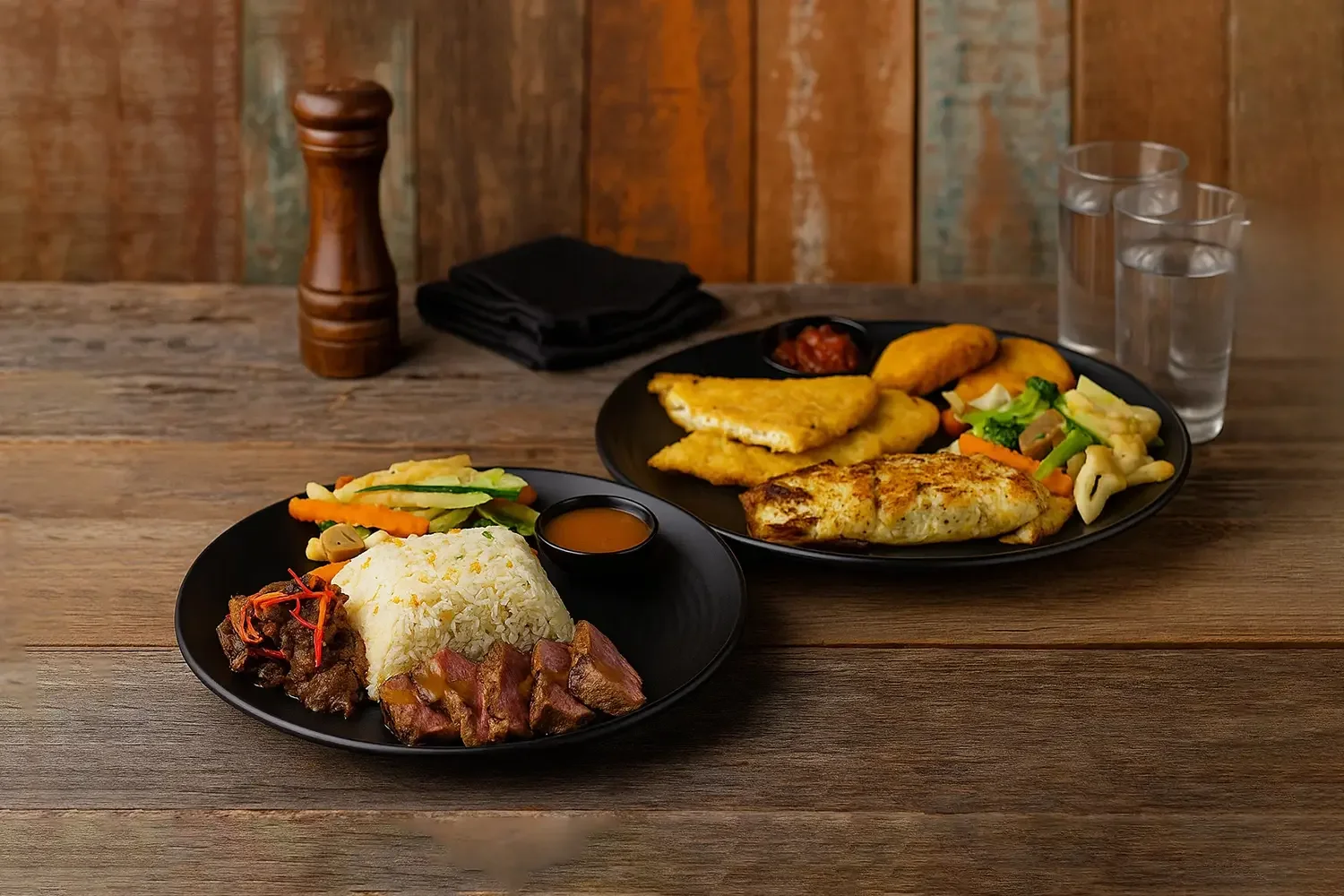 Pine 3 set menu and a seafood plate on a wooden table